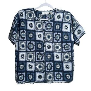 Christopher & Banks Granny Square Crochet Cardigan Sweater Short Sleeve S Blue